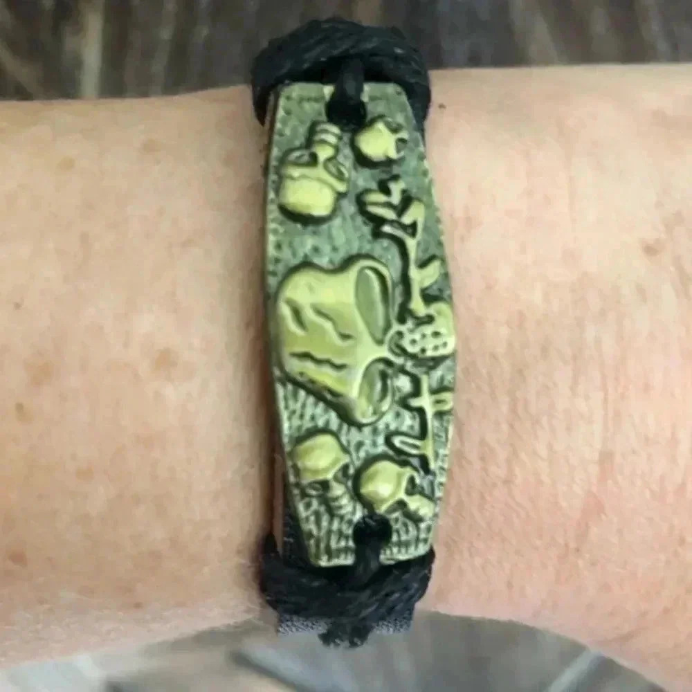 Bronze Skulls and Rose Leather & Hemp Adjustable Bracelet K NWT